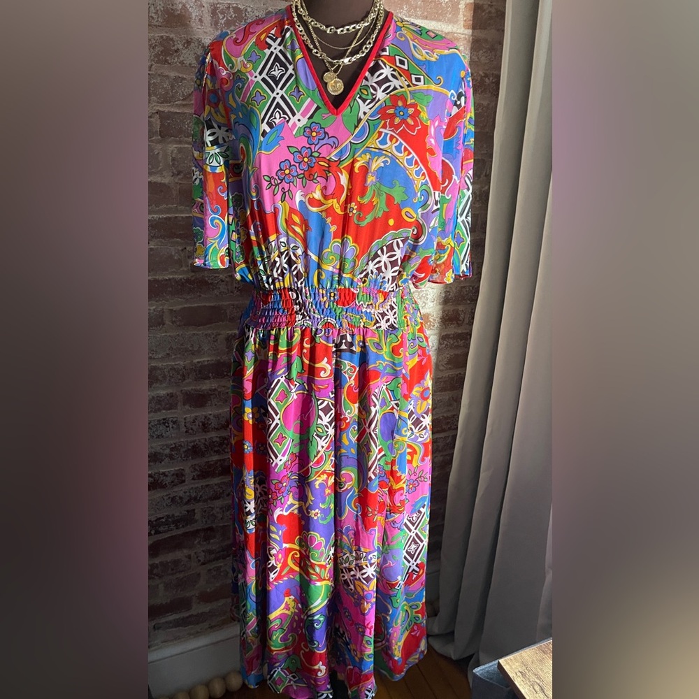 Vintage Diane Freis Colorful Floral Midi Chiffon Dress V-Neck Elastic Waist